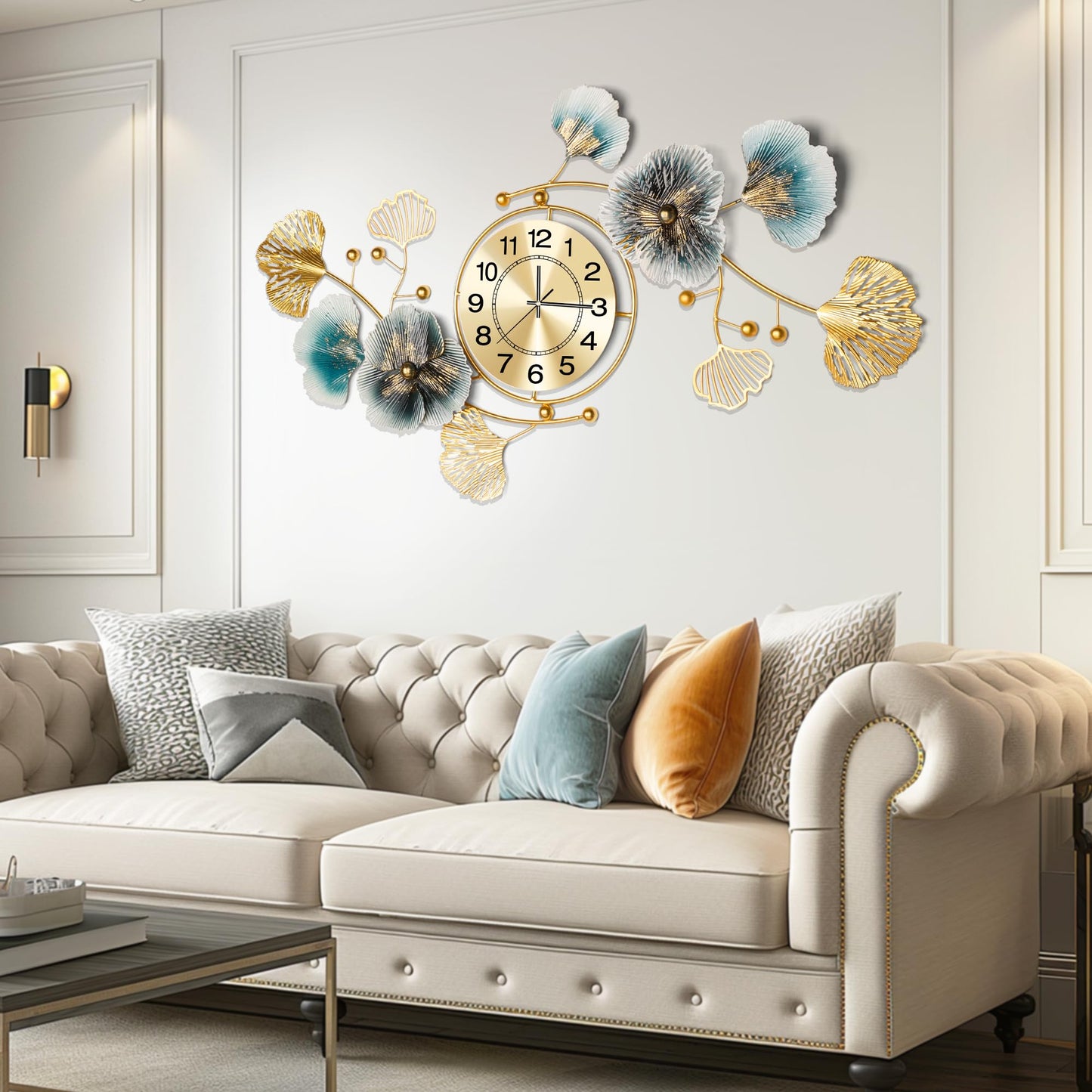 Axioglo Wall Clocks for Living Room Decor,Large Wall Clock,3D Creative Metal Ginkgo Leaf Design,with Silent Movement Wall Clocks for Home Wall Decor Clock(32"x18")