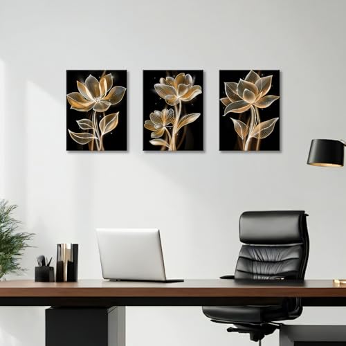 3Pcs Gold Lines Flowers Canvas Wall Art, Glowing Black Golden Floral Framed Wall Art Modern Home Decor Poster Canvas Painting Wall Decor for Bedroom Living Room Office Ready to Hang 30x40cmx3Pcs