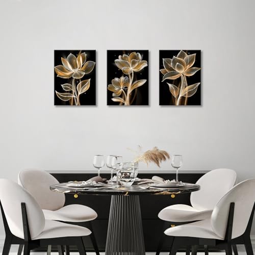 3Pcs Gold Lines Flowers Canvas Wall Art, Glowing Black Golden Floral Framed Wall Art Modern Home Decor Poster Canvas Painting Wall Decor for Bedroom Living Room Office Ready to Hang 30x40cmx3Pcs