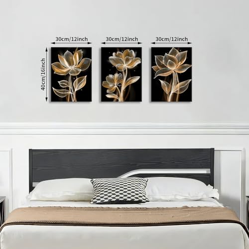 3Pcs Gold Lines Flowers Canvas Wall Art, Glowing Black Golden Floral Framed Wall Art Modern Home Decor Poster Canvas Painting Wall Decor for Bedroom Living Room Office Ready to Hang 30x40cmx3Pcs