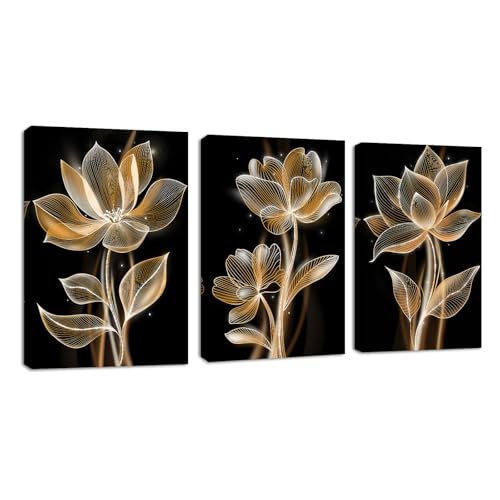 3Pcs Gold Lines Flowers Canvas Wall Art, Glowing Black Golden Floral Framed Wall Art Modern Home Decor Poster Canvas Painting Wall Decor for Bedroom Living Room Office Ready to Hang 30x40cmx3Pcs