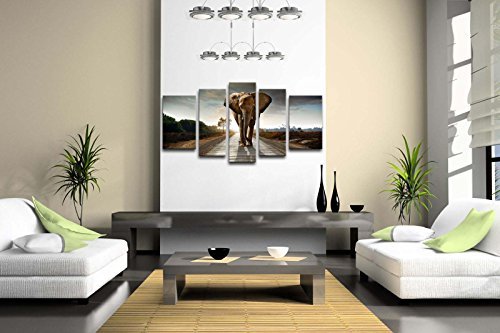 5 Panel Wall Art Elephant Walking In A Road With The Sun From Behind Painting Pictures Print On Canvas Animal The Picture For Home Modern Decoration Piece Stretched By Wooden Frame Ready To Hang