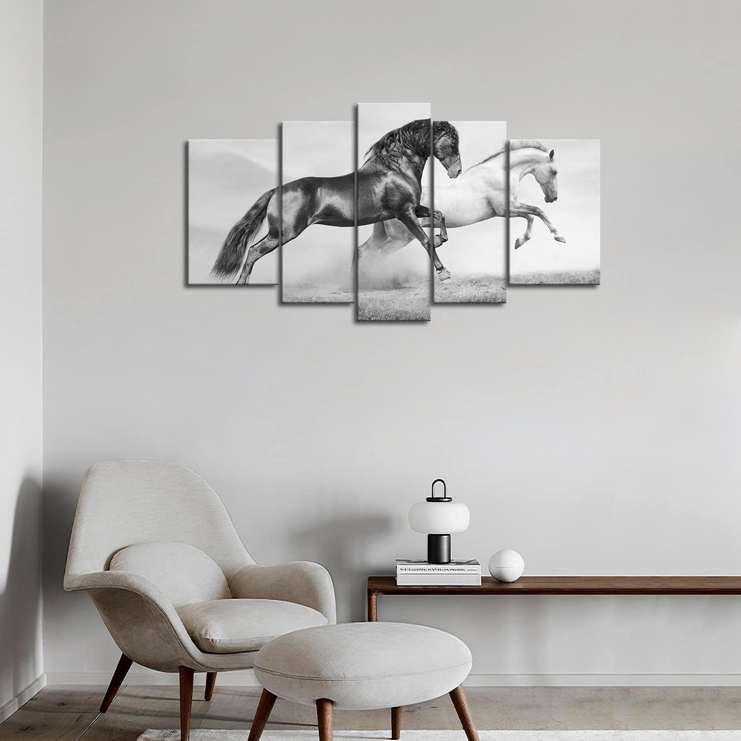 5 Panel Wall Art Black And White Horses Running On Grassland In Summer Painting The Picture Print On Canvas Animal Pictures For Home Decor Decoration Gift Piece Stretched By Wooden Frame Ready To Hang