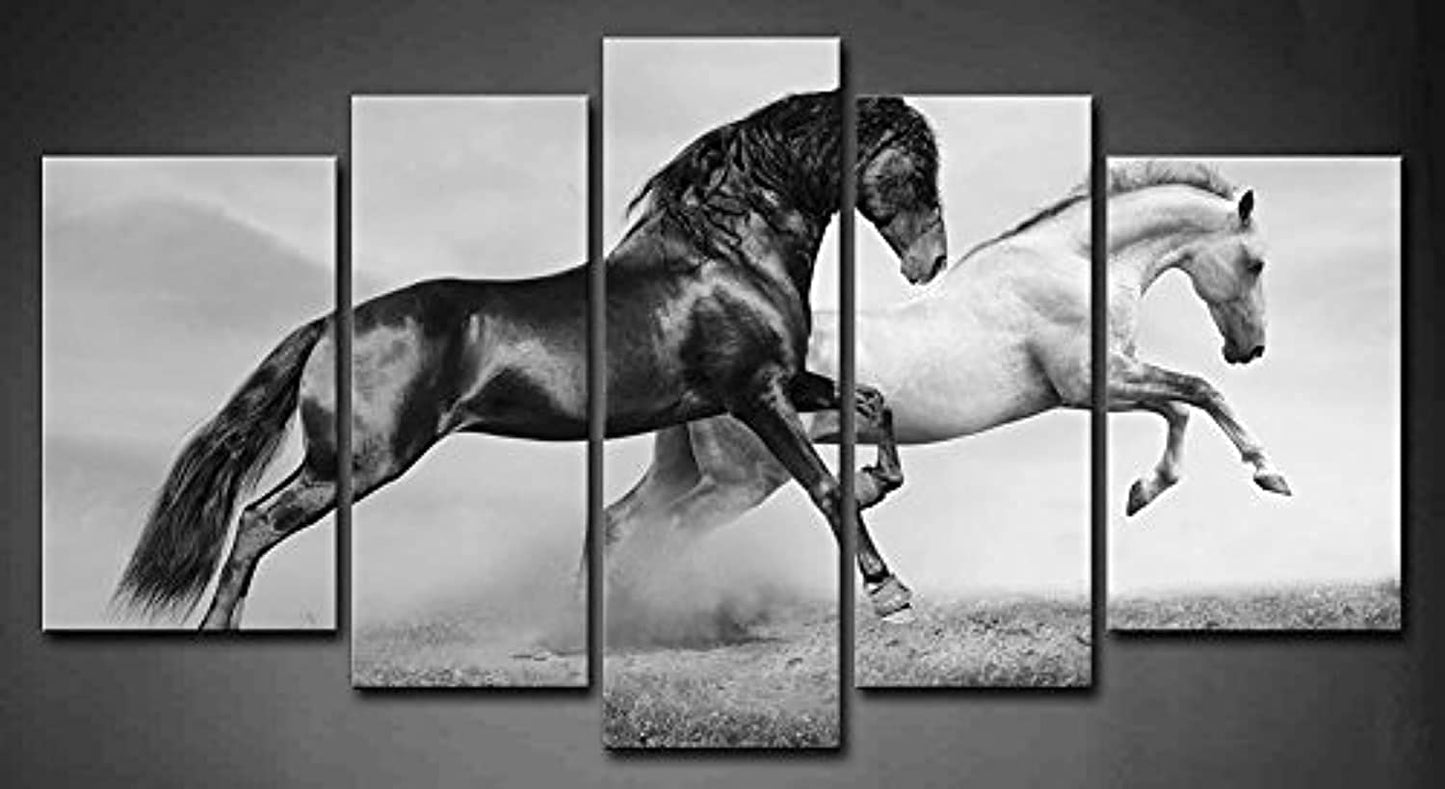 5 Panel Wall Art Black And White Horses Running On Grassland In Summer Painting The Picture Print On Canvas Animal Pictures For Home Decor Decoration Gift Piece Stretched By Wooden Frame Ready To Hang