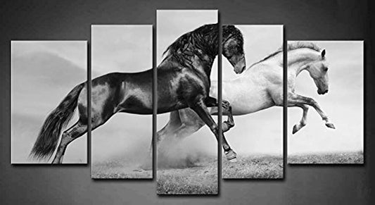 5 Panel Wall Art Black And White Horses Running On Grassland In Summer Painting The Picture Print On Canvas Animal Pictures For Home Decor Decoration Gift Piece Stretched By Wooden Frame Ready To Hang