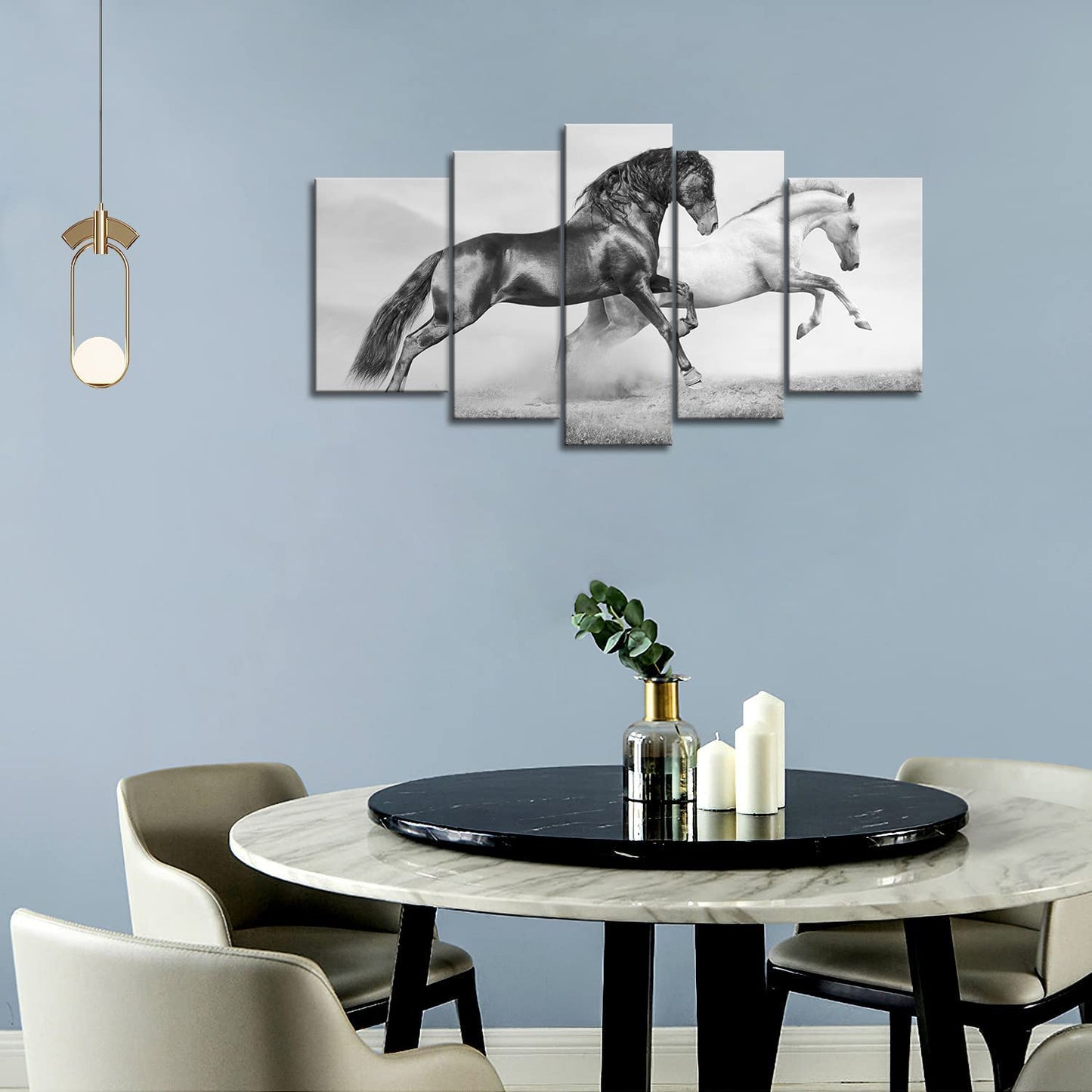 5 Panel Wall Art Black And White Horses Running On Grassland In Summer Painting The Picture Print On Canvas Animal Pictures For Home Decor Decoration Gift Piece Stretched By Wooden Frame Ready To Hang