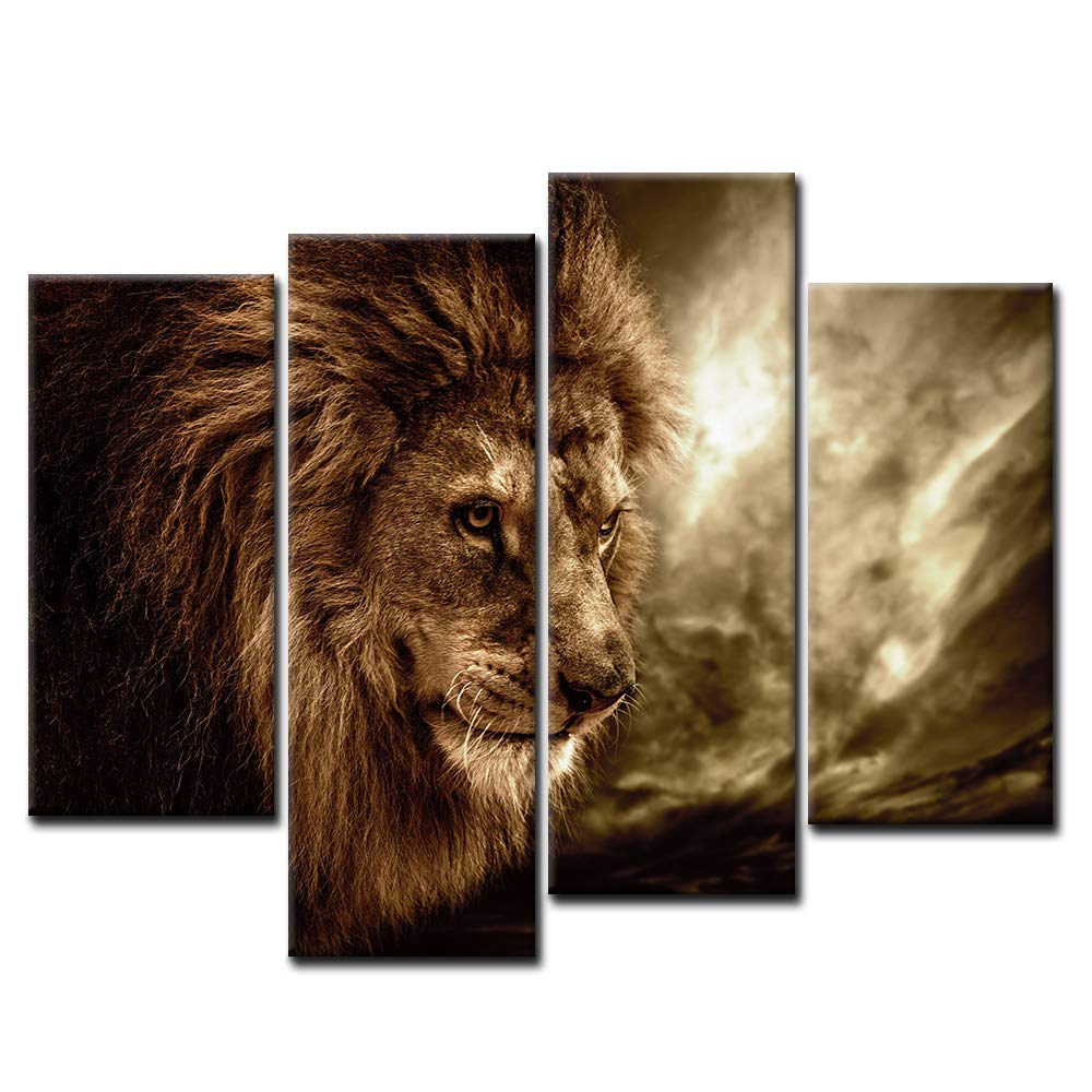 4 Panel Wall Art Brown Fierce Lion Against Stormy Sky Painting The Picture Print On Canvas Animal Pictures For Home Decor Decoration Gift Piece Stretched By Wooden Frame Ready To Hang