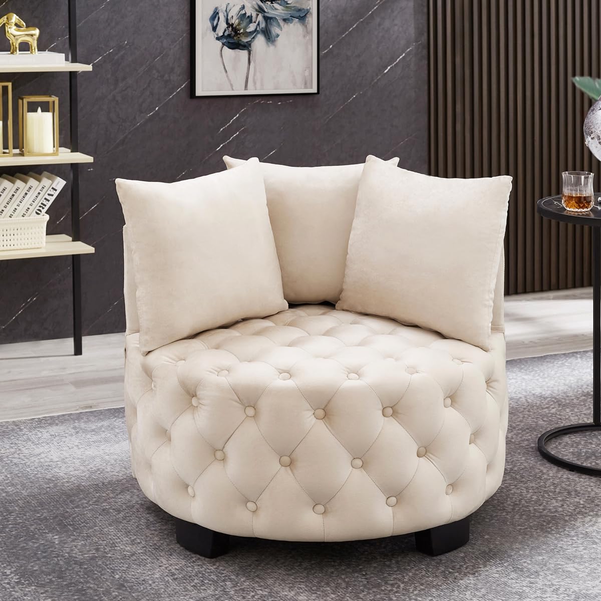 24KF Contemporary Upholstered Tufted Leisure Chair Accent Chair, Sofa Lounge Club Round Chair for Living Room Hotel with 3 Pillows 7022-Champagne