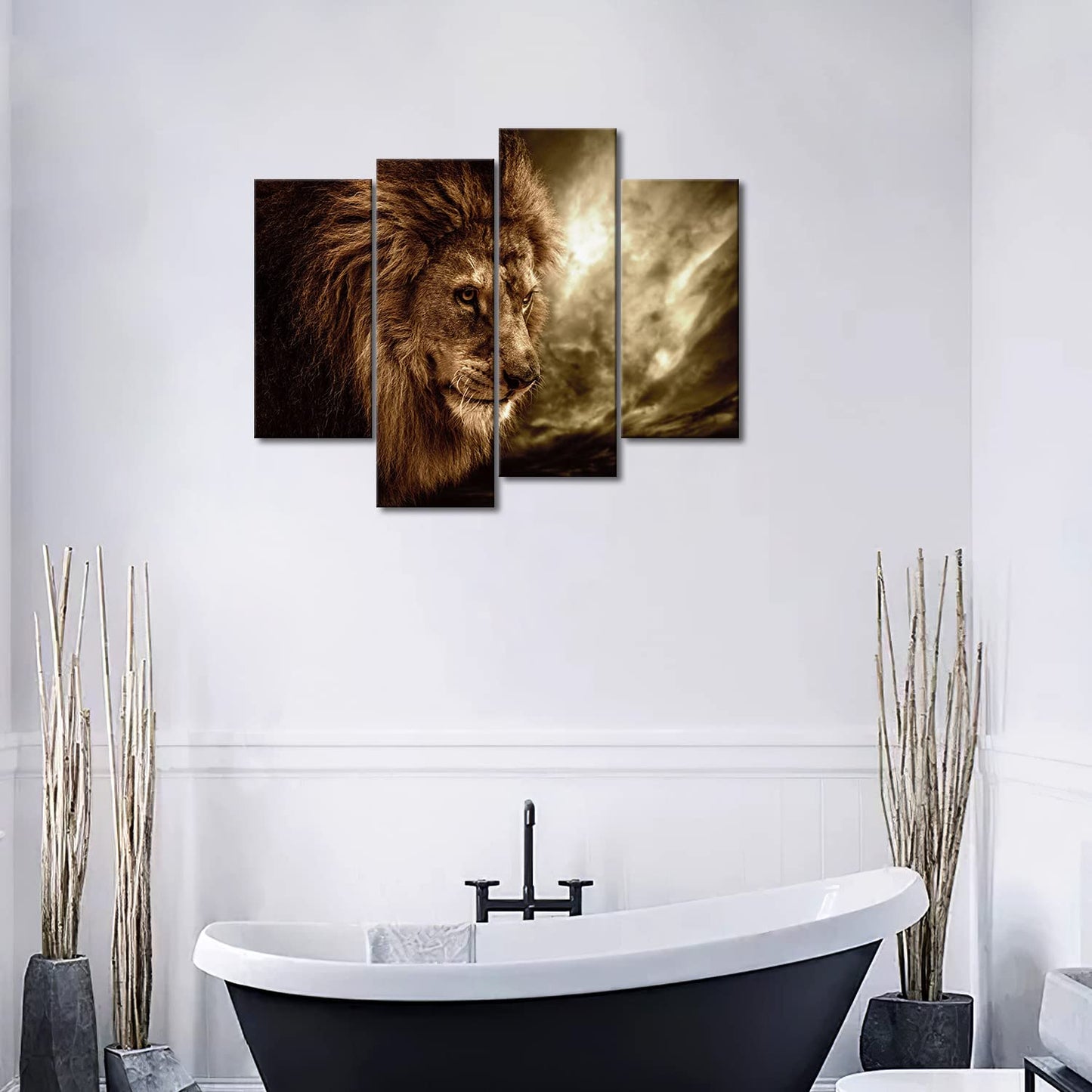 4 Panel Wall Art Brown Fierce Lion Against Stormy Sky Painting The Picture Print On Canvas Animal Pictures For Home Decor Decoration Gift Piece Stretched By Wooden Frame Ready To Hang