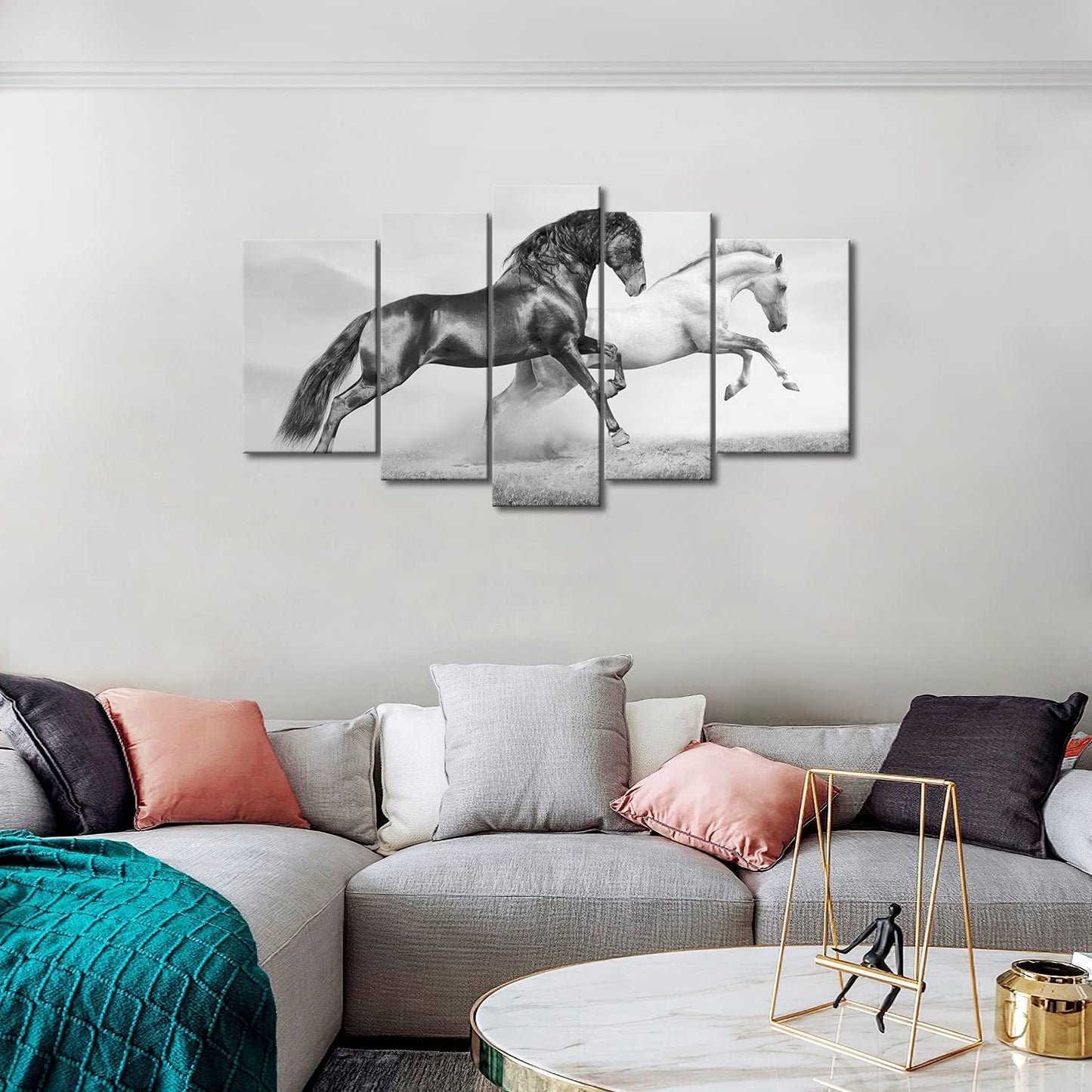 5 Panel Wall Art Black And White Horses Running On Grassland In Summer Painting The Picture Print On Canvas Animal Pictures For Home Decor Decoration Gift Piece Stretched By Wooden Frame Ready To Hang