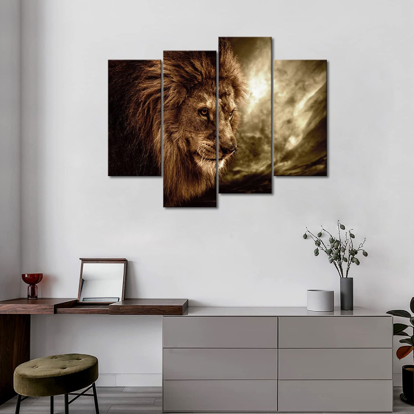 4 Panel Wall Art Brown Fierce Lion Against Stormy Sky Painting The Picture Print On Canvas Animal Pictures For Home Decor Decoration Gift Piece Stretched By Wooden Frame Ready To Hang