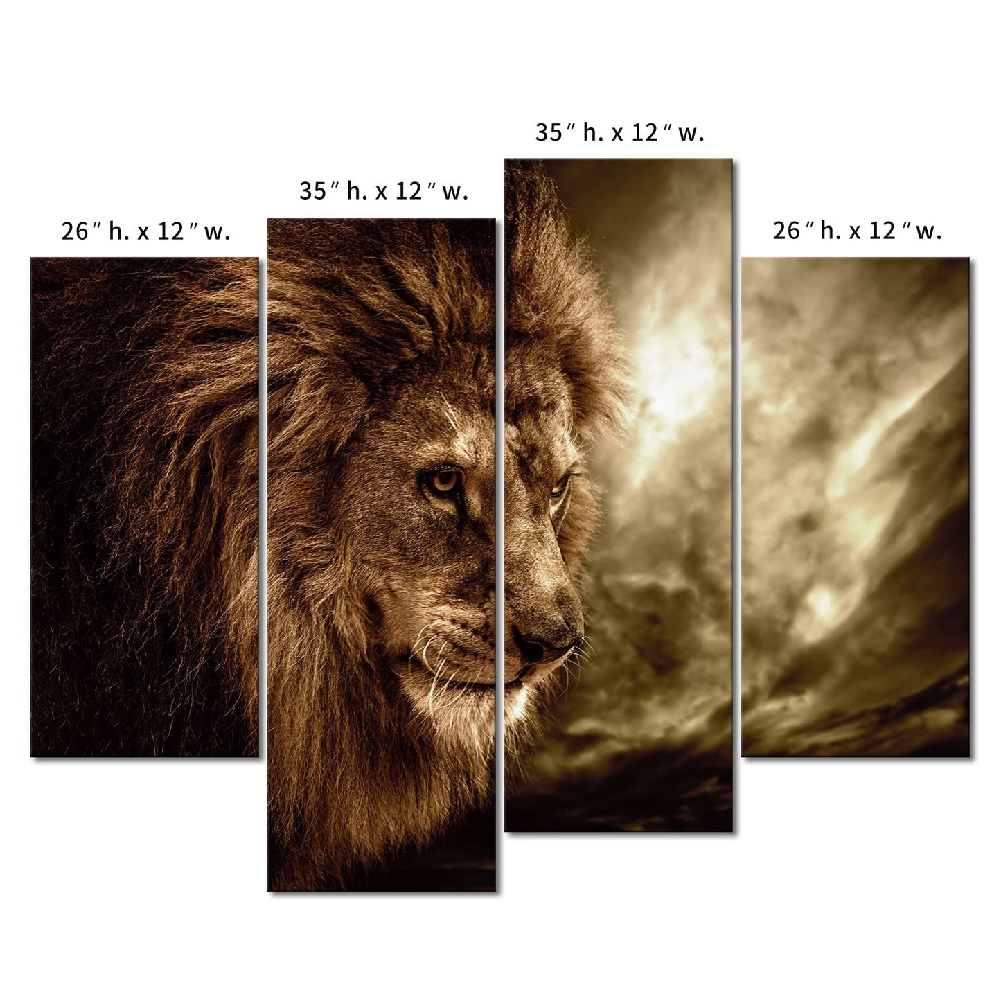 4 Panel Wall Art Brown Fierce Lion Against Stormy Sky Painting The Picture Print On Canvas Animal Pictures For Home Decor Decoration Gift Piece Stretched By Wooden Frame Ready To Hang