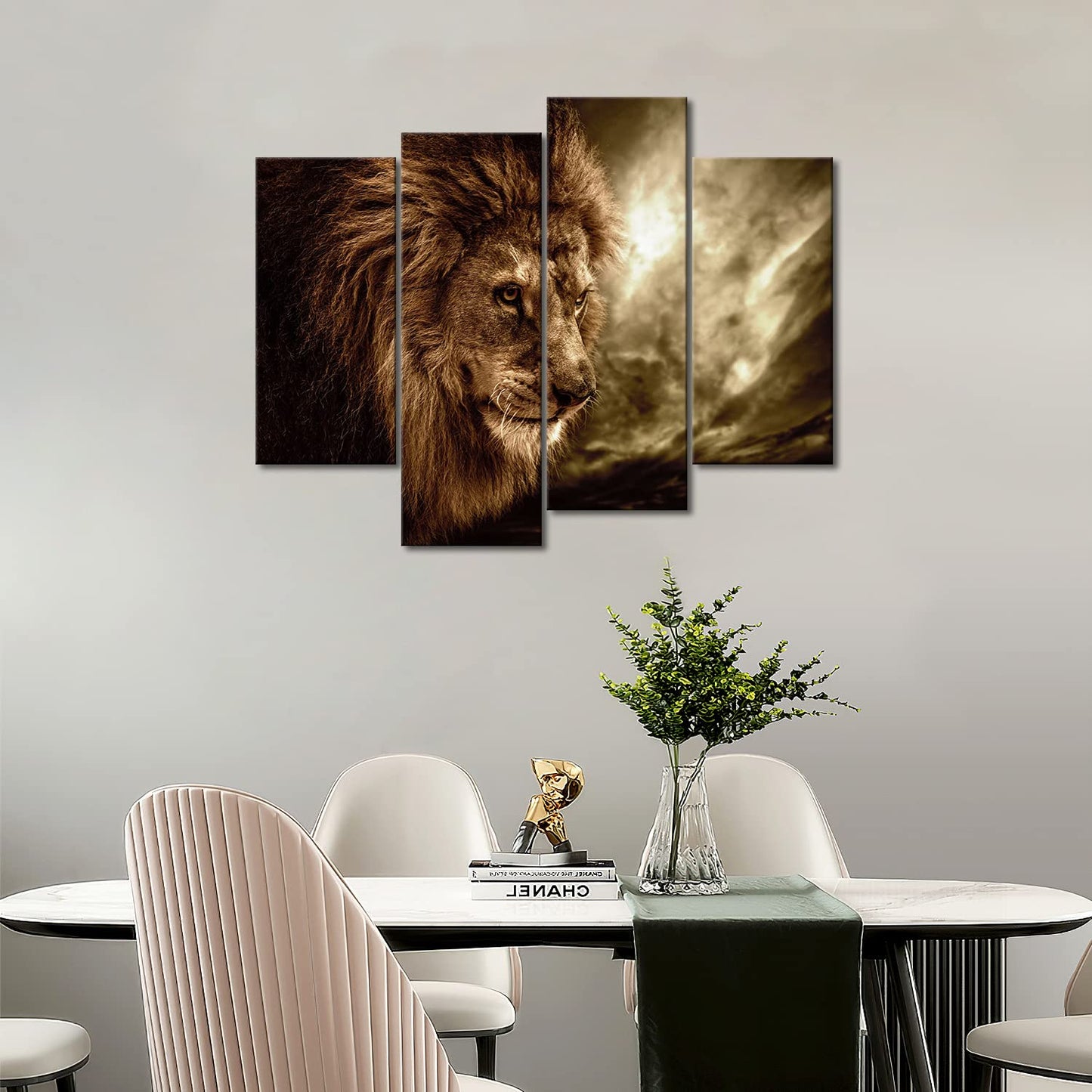 4 Panel Wall Art Brown Fierce Lion Against Stormy Sky Painting The Picture Print On Canvas Animal Pictures For Home Decor Decoration Gift Piece Stretched By Wooden Frame Ready To Hang