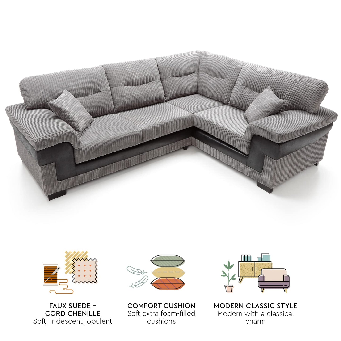 Abakus Direct Right Hand Facing Large Corner Sofa - Samson Cord L Shaped Sofas for Living Room with Deep Filled Cushioning | Contemporary Large Chaise Lounge Sofa in Grey | W262XD200cmXH95cm