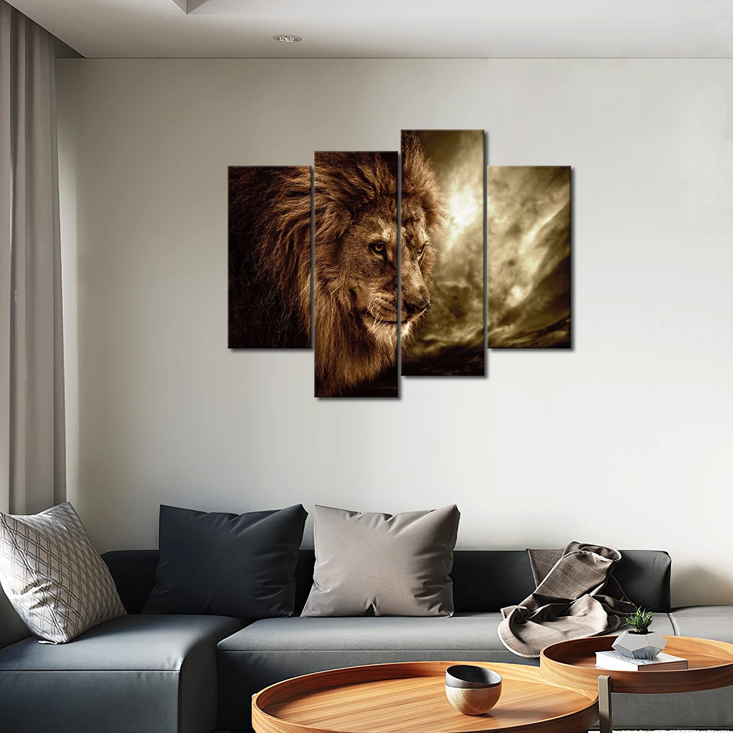 4 Panel Wall Art Brown Fierce Lion Against Stormy Sky Painting The Picture Print On Canvas Animal Pictures For Home Decor Decoration Gift Piece Stretched By Wooden Frame Ready To Hang