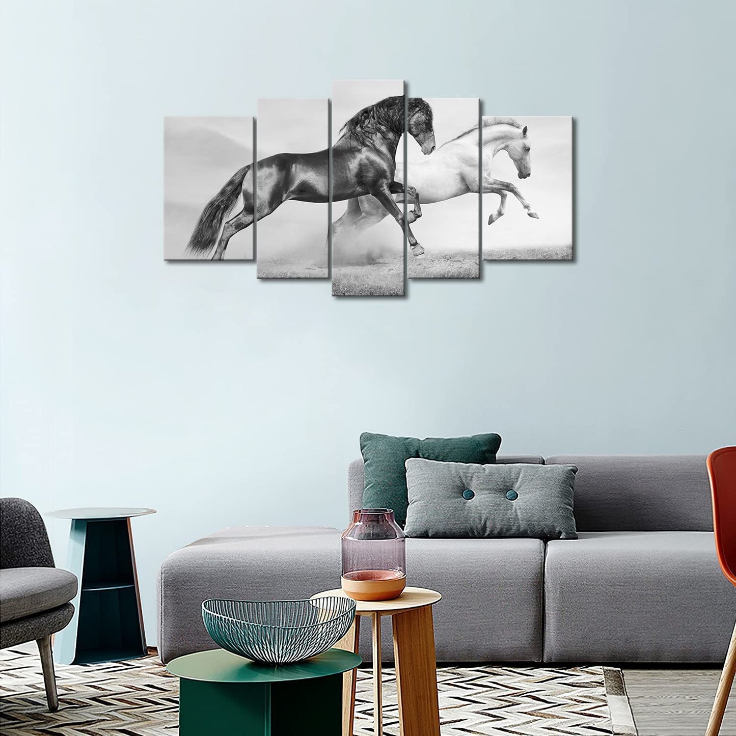 5 Panel Wall Art Black And White Horses Running On Grassland In Summer Painting The Picture Print On Canvas Animal Pictures For Home Decor Decoration Gift Piece Stretched By Wooden Frame Ready To Hang