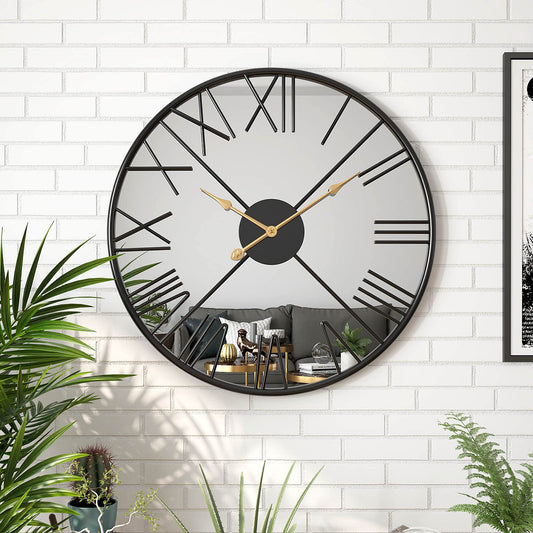 20inch/50CM Modern Mirror Wall Clock for Living Room,Large Metal Decorative Roman Numeral Big Clock Home Decor Silent Non Ticking Mirrored Wall Clocks for Kitchen, Bedroom, Study,Black Decoration