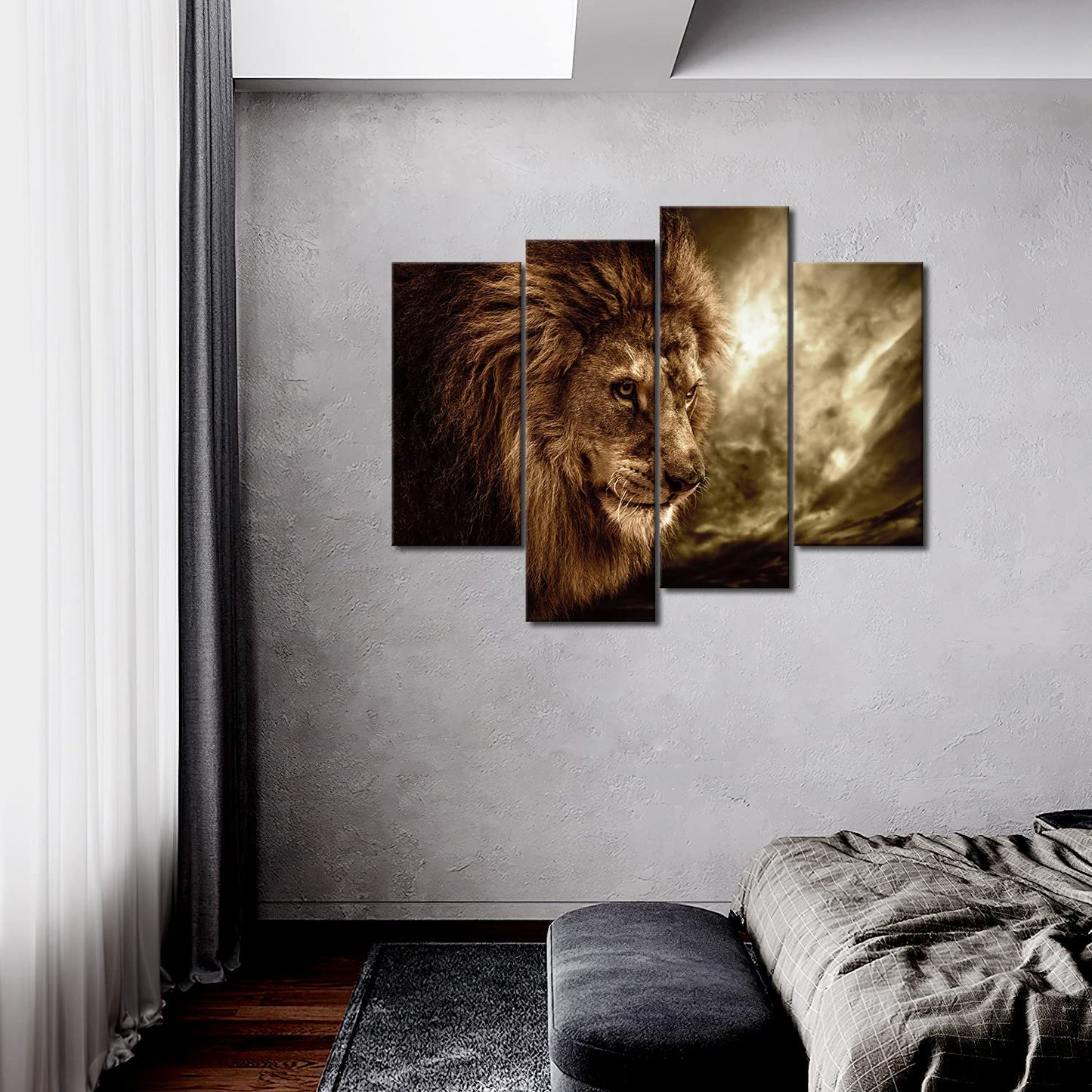 4 Panel Wall Art Brown Fierce Lion Against Stormy Sky Painting The Picture Print On Canvas Animal Pictures For Home Decor Decoration Gift Piece Stretched By Wooden Frame Ready To Hang